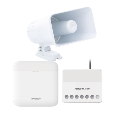 (AXPRO) KIT de alarma AX PRO con sirena cableada 30W / Incluye: 1 Hub con Batería de respaldo / 1 Sirena Cableada de 30 Watts IP65 / 1 Relevador Inalámbrico 0 a 36 VCC / Compatible con Hik-Connect P2P