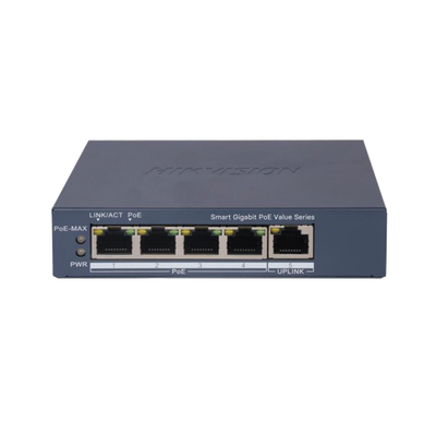 Switch Gigabit PoE+ / Monitoreable / 4 Puertos 1000 Mbps PoE+ / 1 Puerto 1000 Mbps Uplink / Configuración Nube Hik-PartnerPro / Modo Extendido hasta 300 Metros / 45 Watts