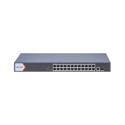 Switch Gigabit PoE+ / Monitoreable / 24 Puertos 1000 Mbps PoE+ /  1 Puerto 100 uplink / 1 Puerto 1000 Mbps Uplink / 1 Puertos SFP Uplink / Configuración Nube desde Hik-PartnerPro / Modo Extendido hasta 300 Metros / 370 W