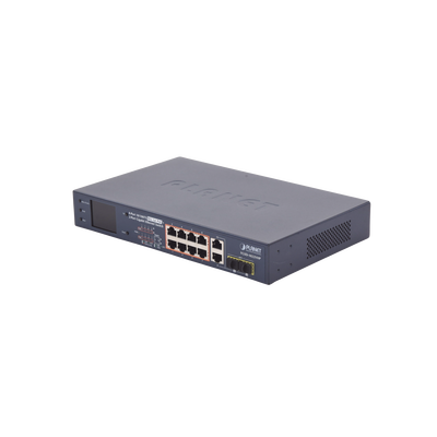 Switch PoE+ / Distancia 250 Metros / 8 Puertos + 2 Combo TP/SFP Gigabit y Pantalla LCD Para Monitoreo
