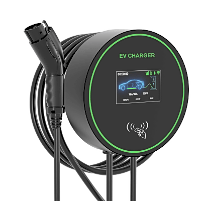 Estación de Carga para Vehículos Eléctricos / 48A 11.5kW / Voltaje 220-250V 1 Fase y 380-480V 3 Fases / Pantalla LCD 4.3 Pulgadas / Cable TPU 5 Metros / Protecciones Múltiples / Conectividad Plug and Play APP RFID / Carcasa Alu